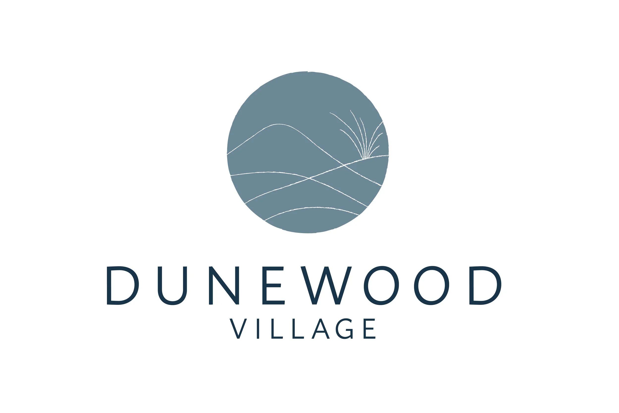 Logo of Dunewood Village featuring a circular emblem with stylized dunes and a plant, and the text "Dunewood Village" below.