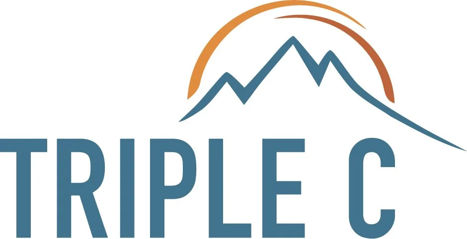 Logo with mountain graphic and orange semi-circle above, with the words 'TRIPLE C' in bold blue letters underneath.