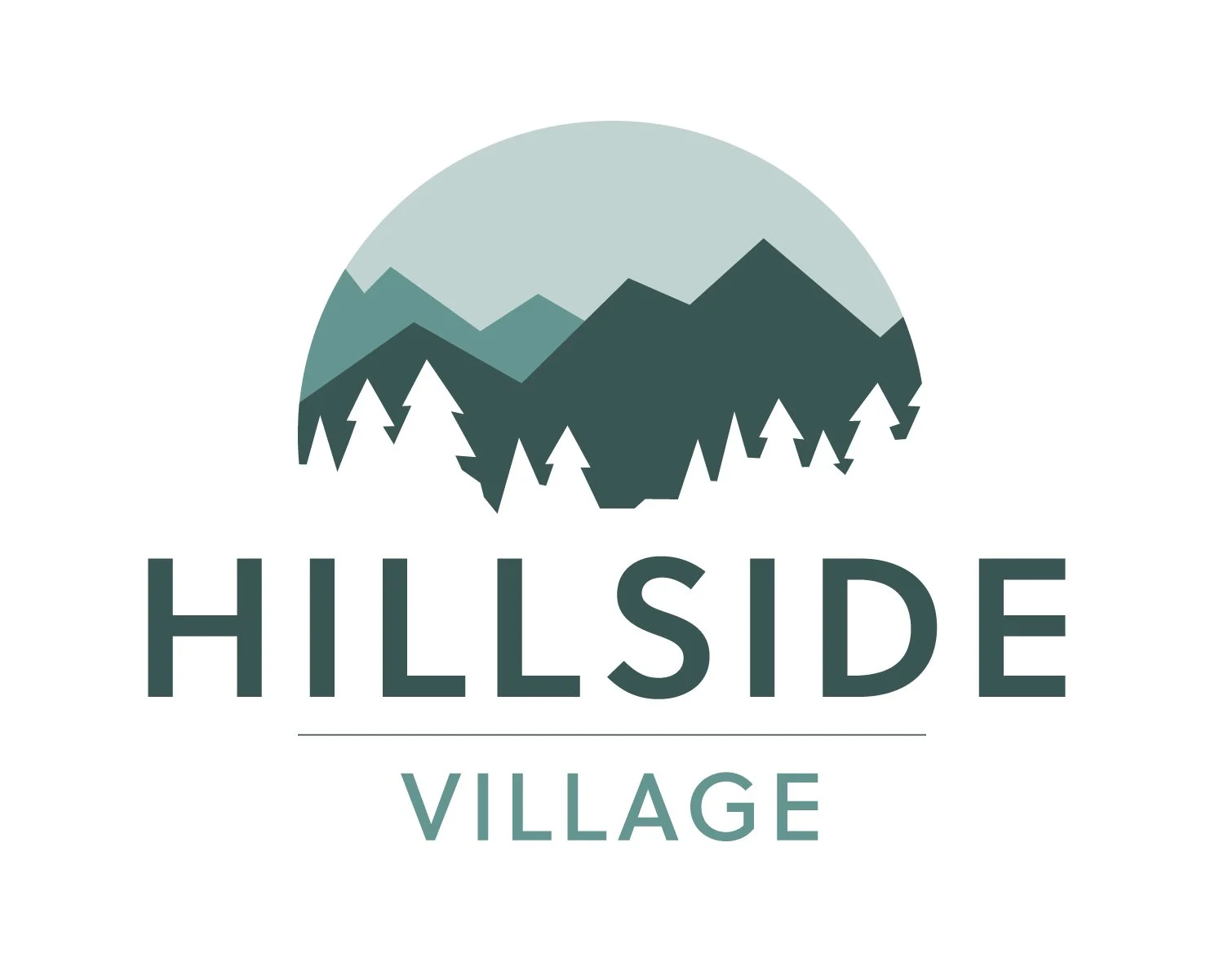 Logo for Hillside Village featuring stylized mountain and pine tree graphic