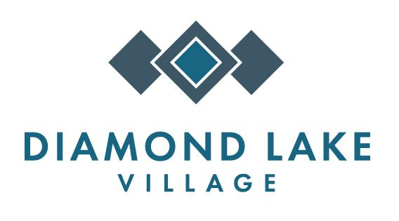 Logo for Diamond Lake Village featuring three diamond shapes above the text