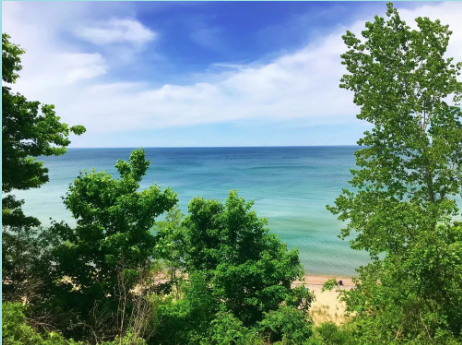 View of a beach with water, sand, and trees under a partly cloudy sky.