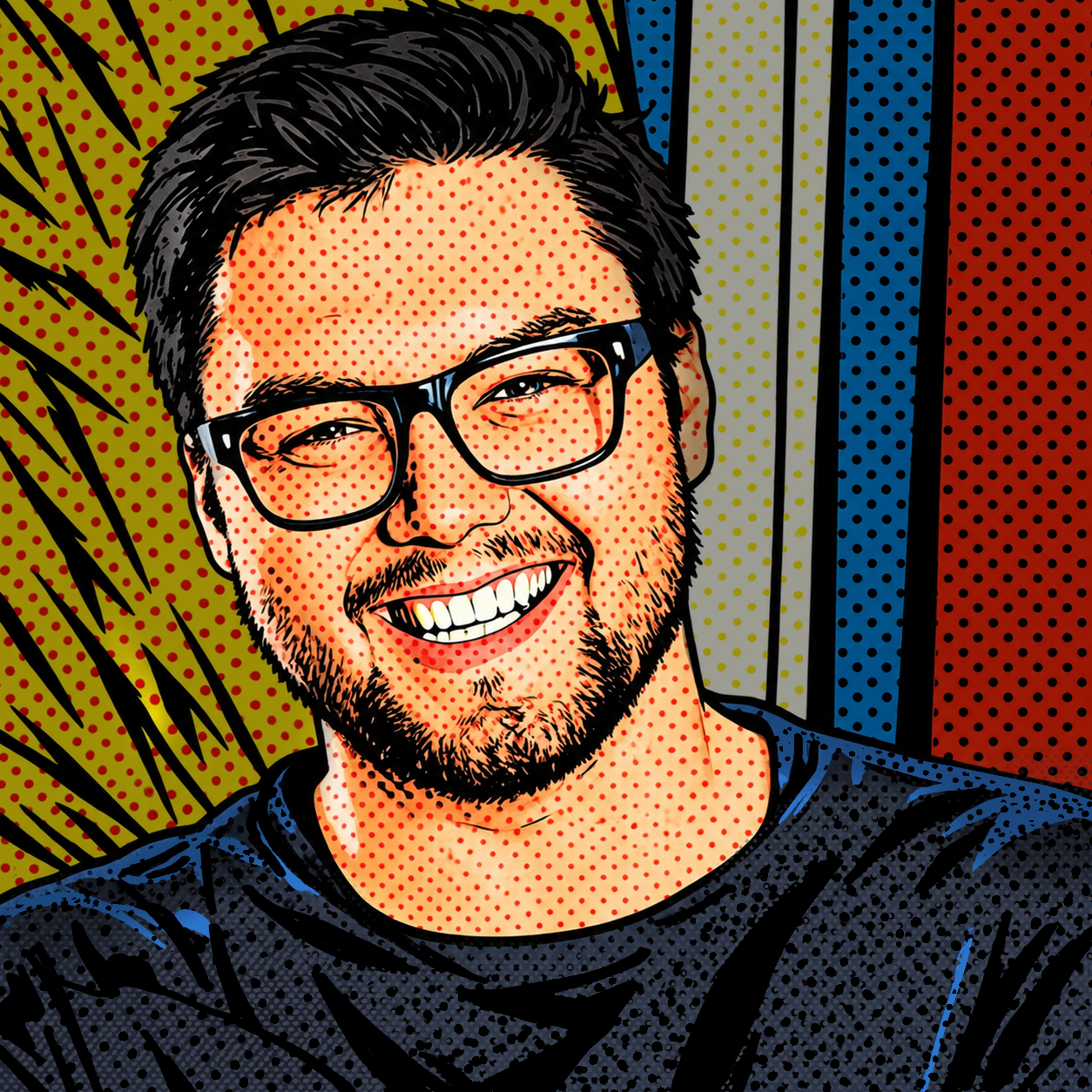 Pop art style portrait of a smiling man with glasses and beard, wearing a dark shirt, with colorful striped background.