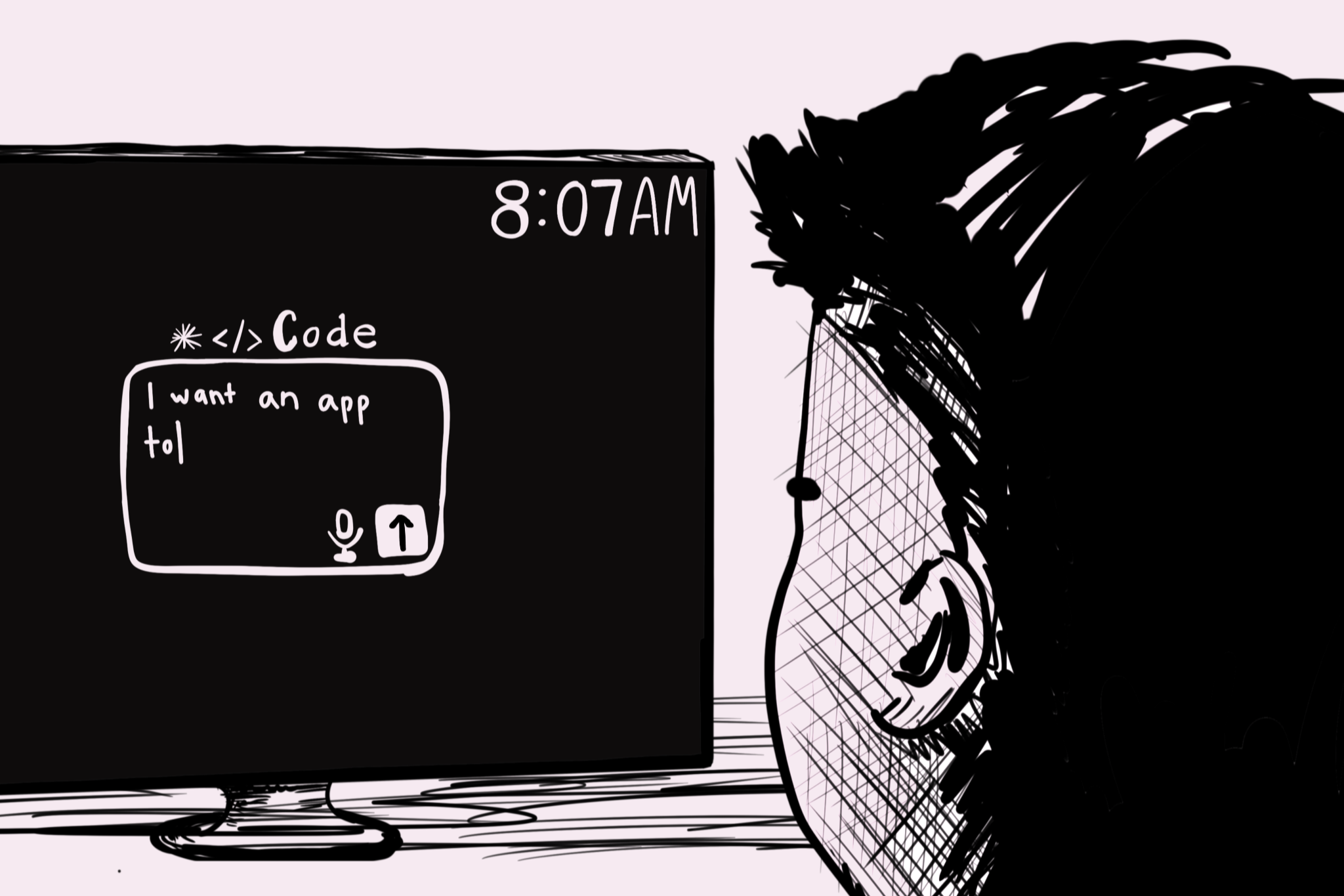 Black and white illustration of a computer monitor with a coding prompt and a person with curly hair sitting at a desk, looking at the screen.