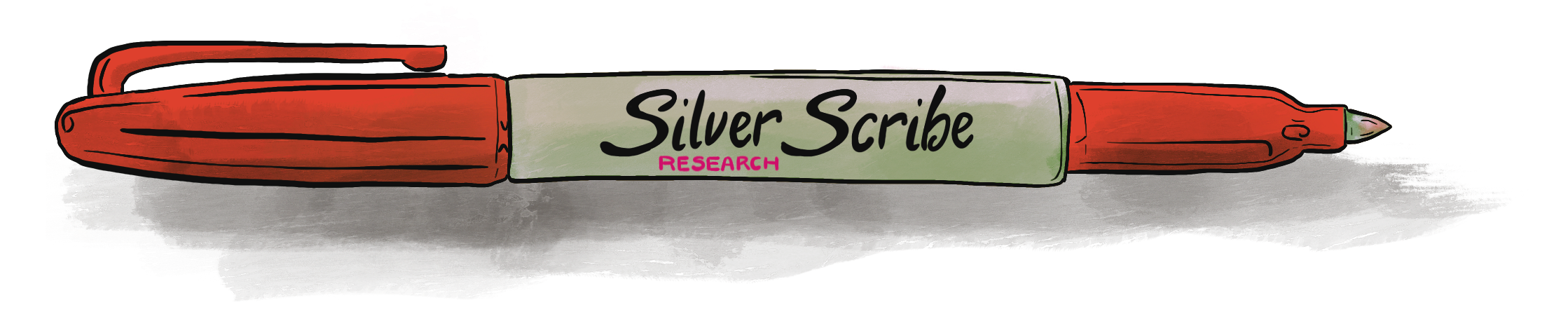 A red and green marker with the words 'Silver Scribe RESEARCH' written on it.