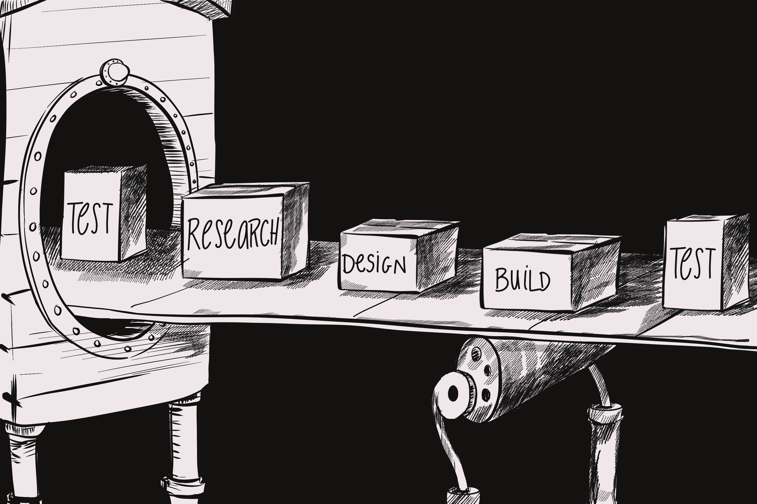 Black and white illustration of a machine with three blocks labeled 'TEST', 'RESEARCH', and 'DESIGN' on a conveyor belt.