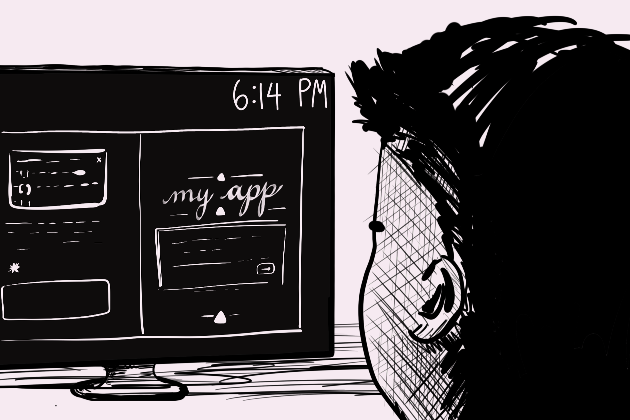 A sketch of a person with curly hair wearing a checkered shirt, looking at a computer monitor displaying an app interface, with the time 6:14 PM shown on the screen.