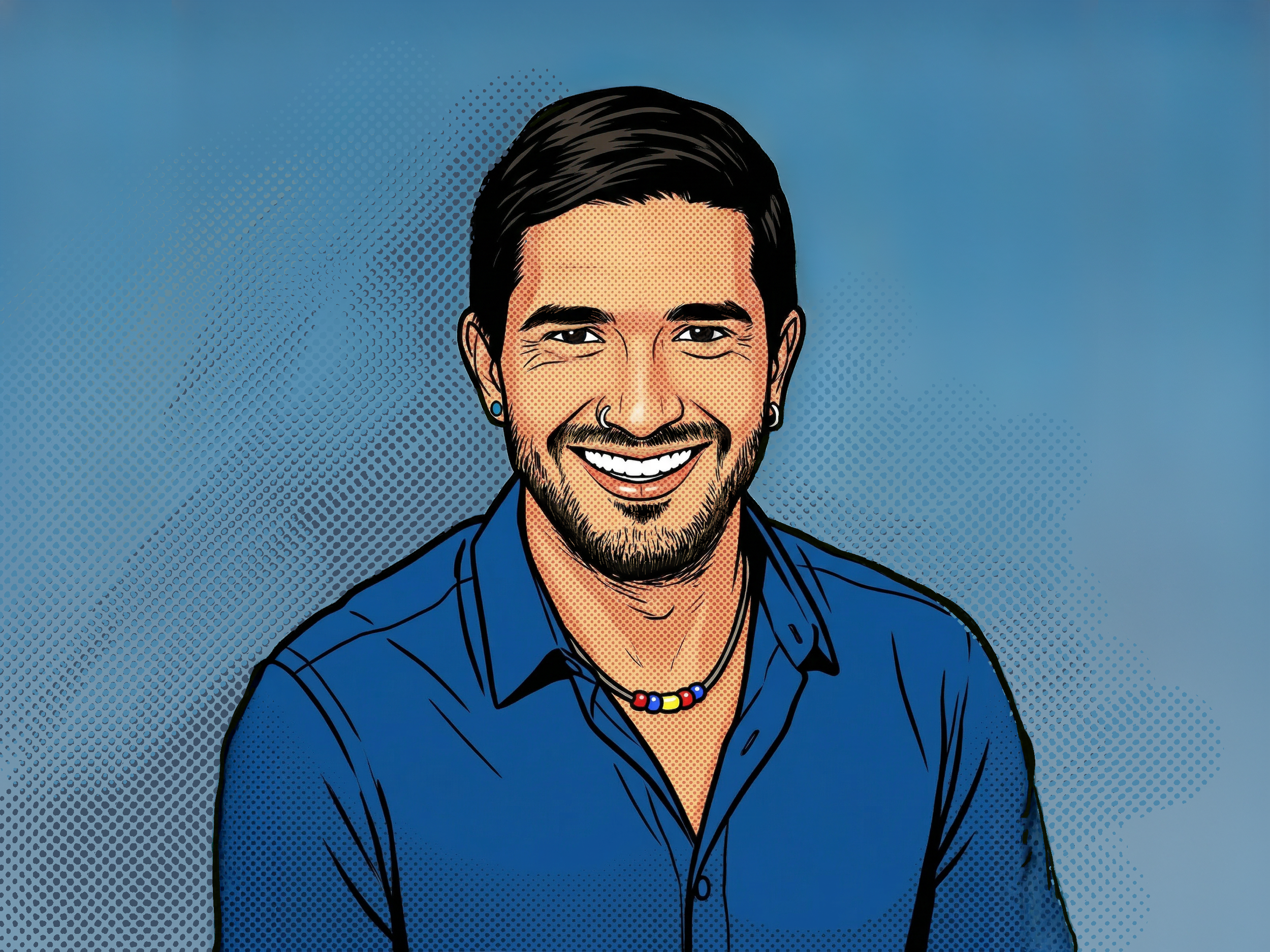 Pop art-style illustration of a smiling young man with dark hair, wearing a blue collared shirt and a colorful beaded necklace, against a blue background.