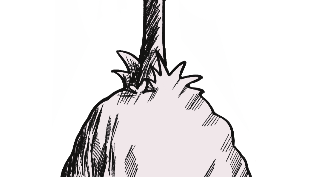 Close-up of a comic-style drawing illustrating a person or character with a high collar, with part of their face and neck visible.