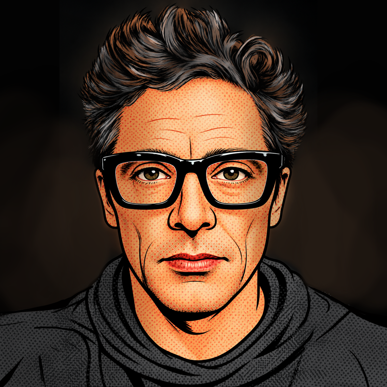 A digital illustration of a middle-aged woman with short, dark, wavy hair, wearing large black glasses and a dark hoodie, against a dark background.