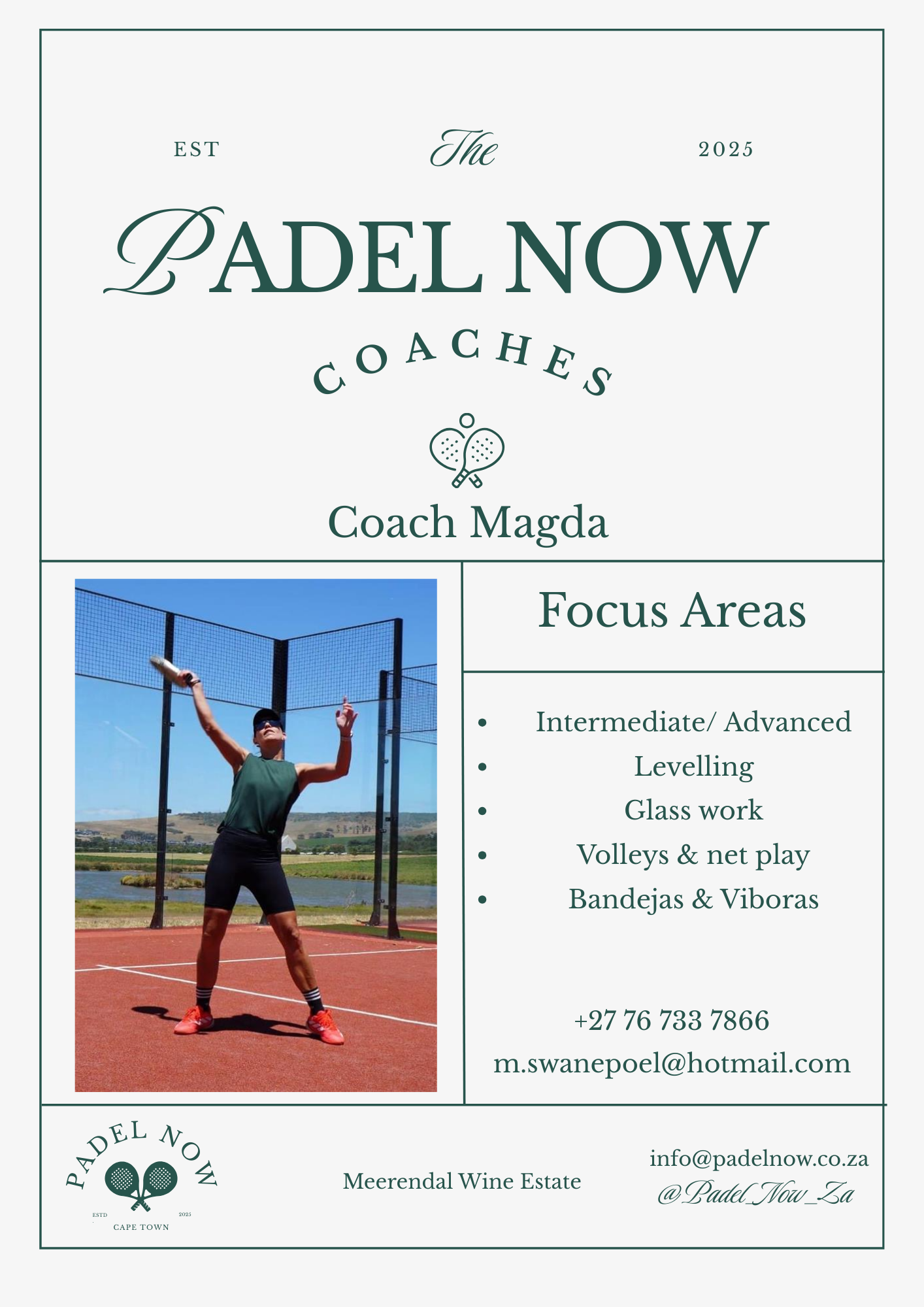 A business card for The Padel Now, coached by Coach Magda, featuring focus areas such as advanced level, leveling, glass work, volleys, net play, bandejas, and viboras. Includes contact information and a photo of a woman playing padel tennis outdoors.