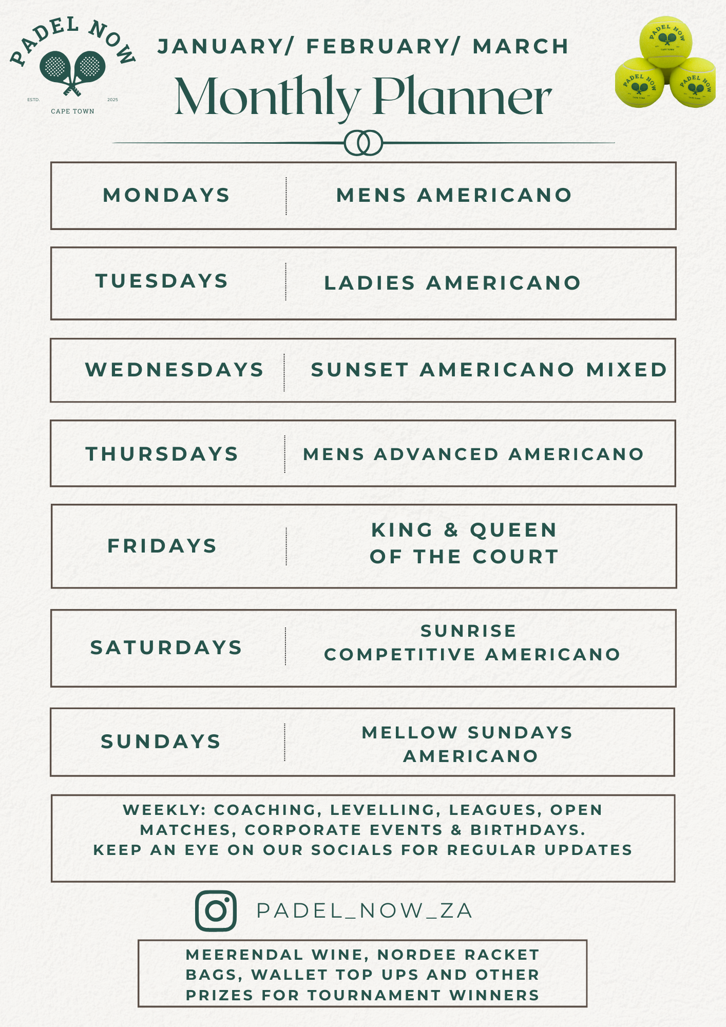 Monthly paddle tennis planner with schedule for January, February, and March, showing daily themes and activities, and additional notes about weekly coaching, social media, and prizes for tournament winners.