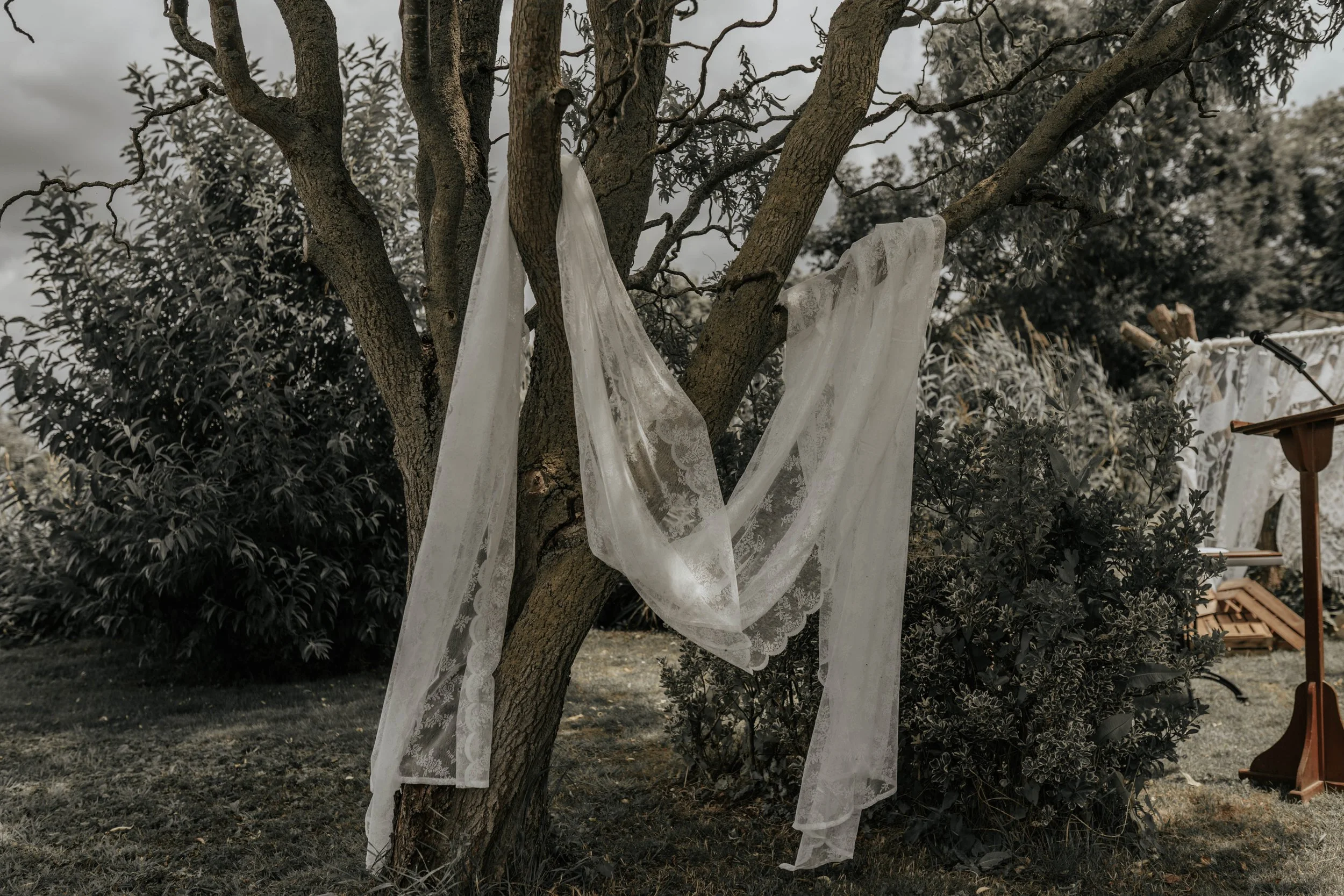 Lappendeken van witte doeken en kant over een boom in een tuin, mogelijk voor een bruiloft.