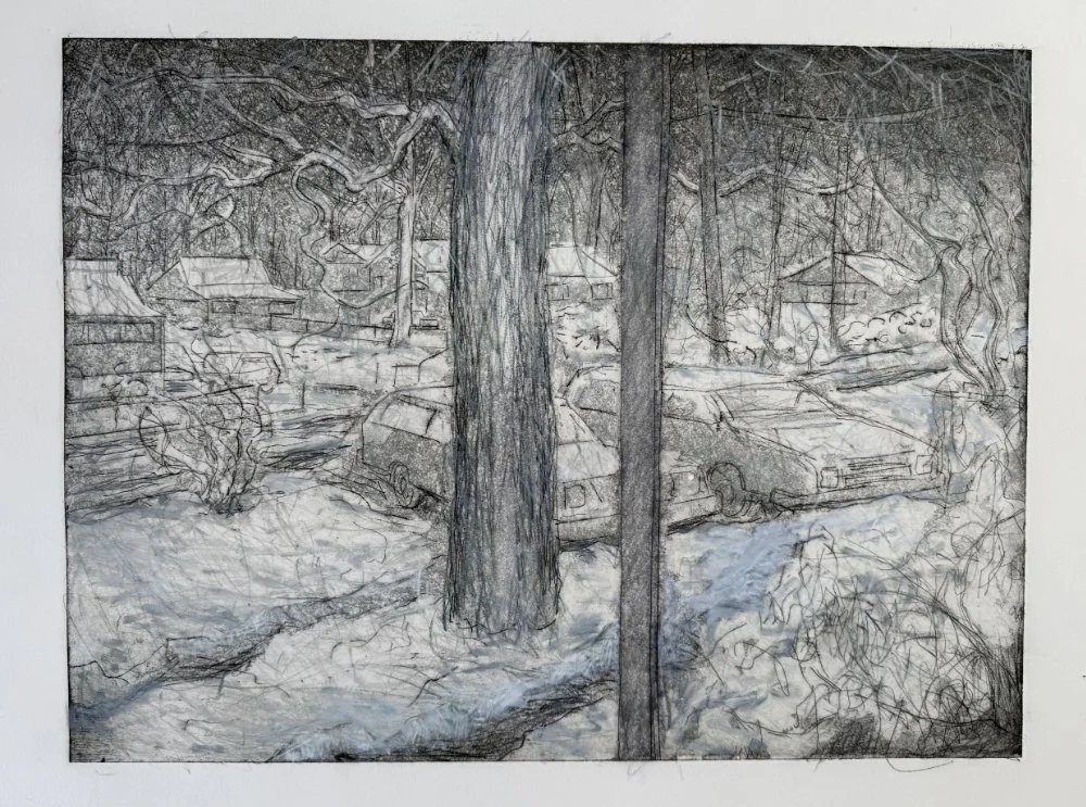 A drawing of a snowy neighborhood seen through a window with a large tree in the foreground and parked cars and houses in the background.