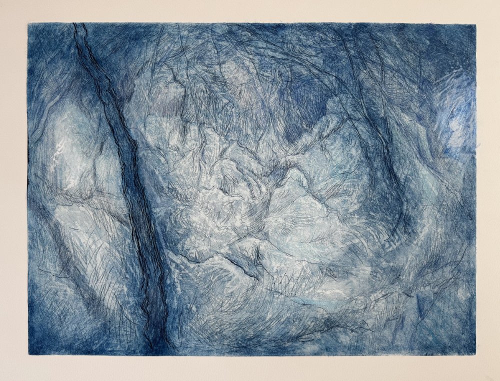 Abstract blue-toned drawing with swirling lines and textured patterns.