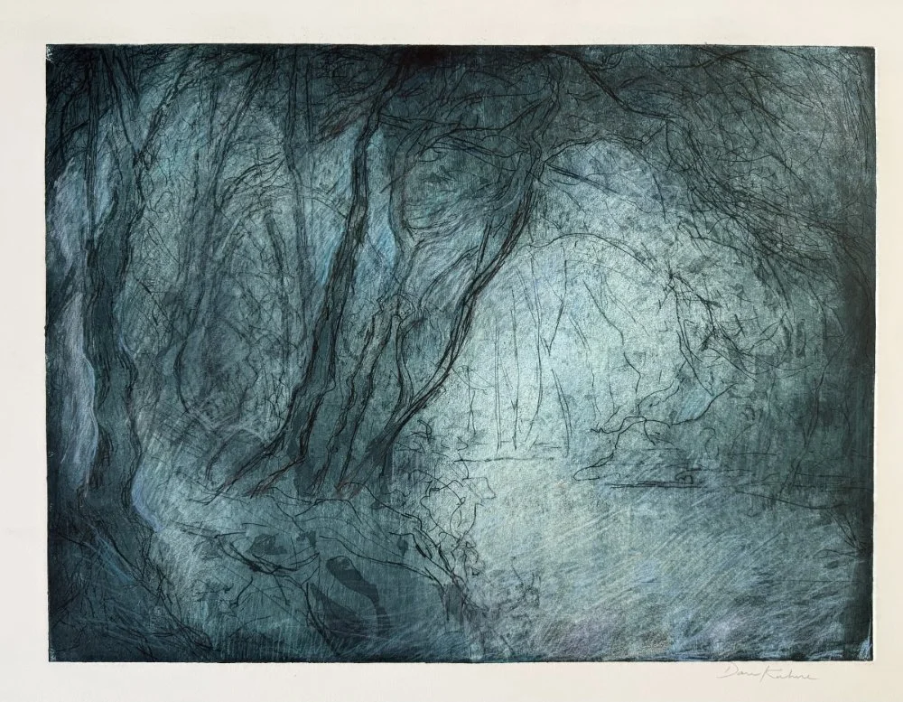 An abstract painting of a forest scene with trees and branches in shades of blue and green.