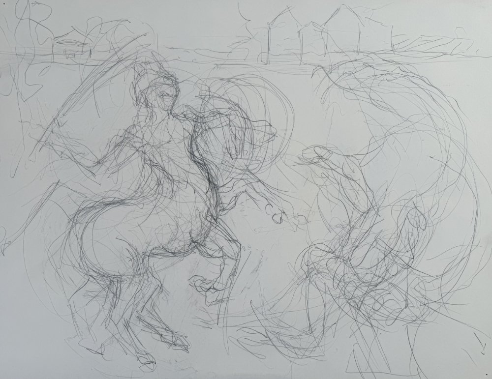 Sketch drawing of a person riding a horse and another person standing nearby, with trees and structures in the background.