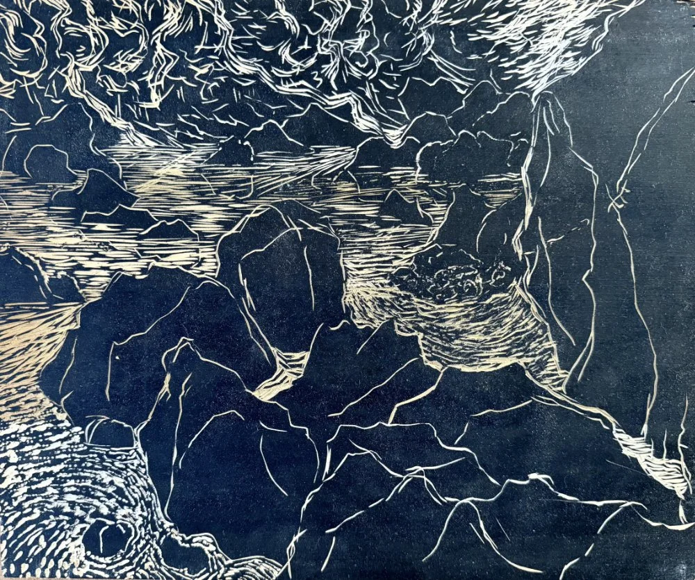 Stylized illustration of rocks and water, with intricate line work and textured shading to depict a natural scene.