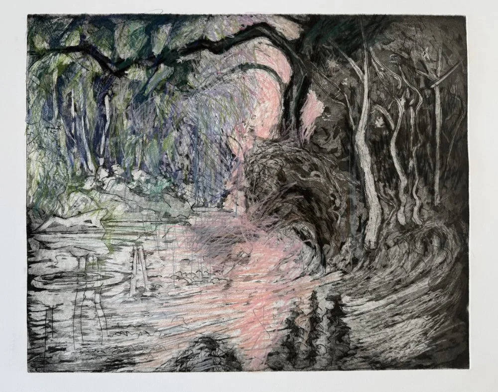 Colorful sketch of a forest scene with a stream, trees, and a pink sky.