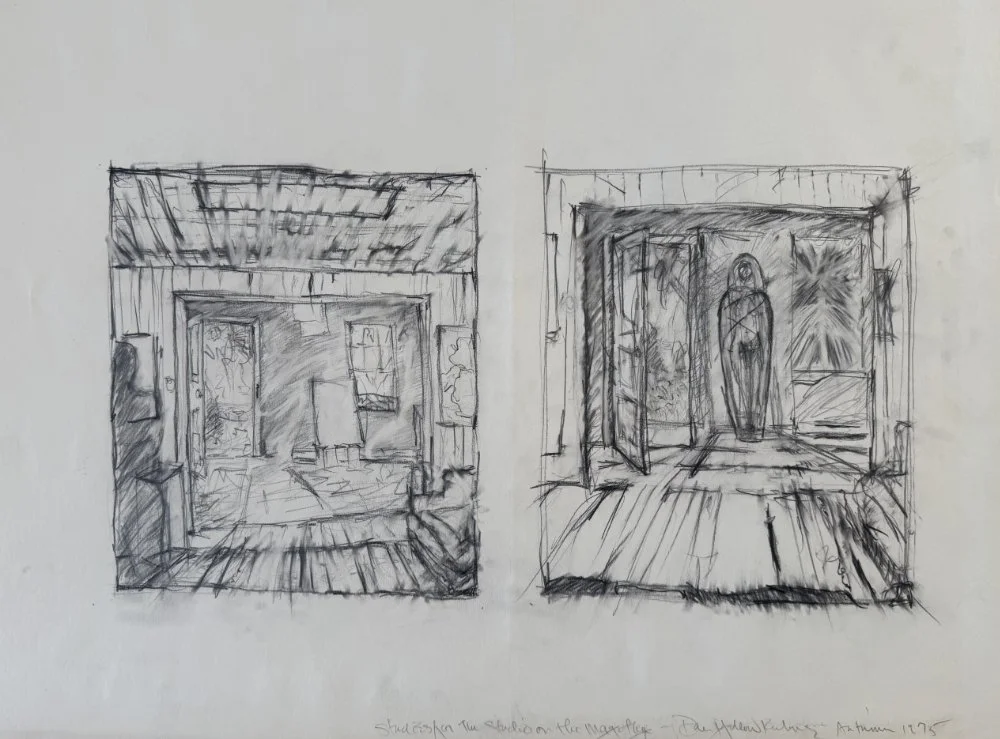 Sketch of two art studio interiors, with details like paintings on walls and an open door, and a large figure or sculpture in the right studio.