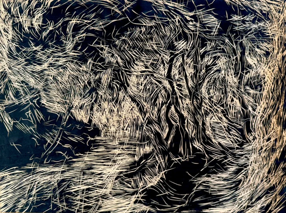 Close-up of a cat's face made of intricate, light-colored lines against a dark background.