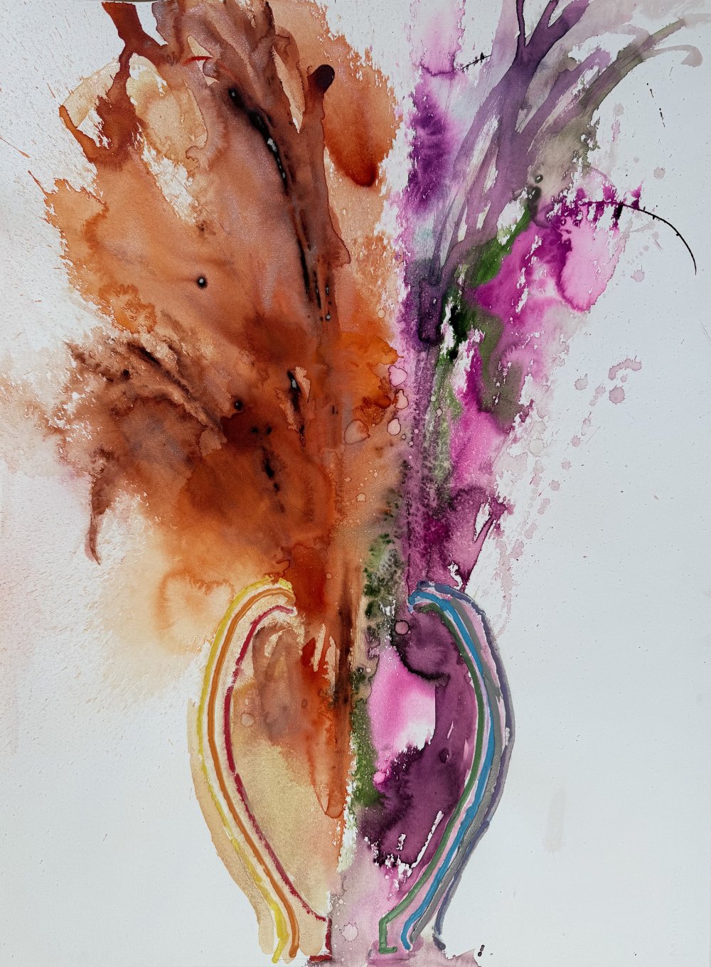 Abstract watercolor painting with warm hues of orange and red blending into cooler shades of purple and pink, featuring a heart shape outline near the bottom.