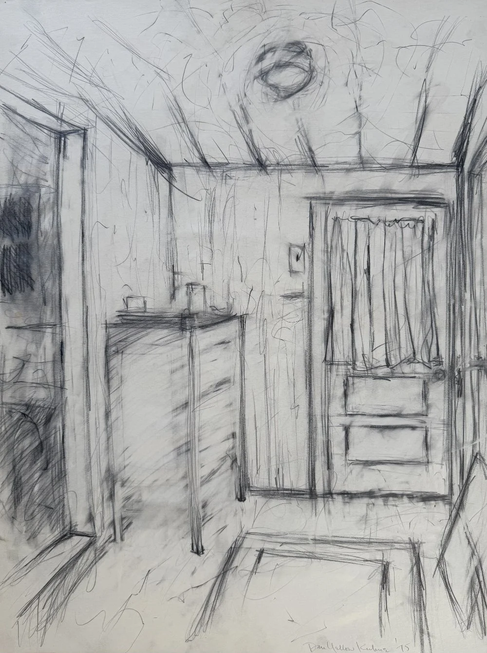 Sketch of an interior room with a dresser, window with curtains, door, and ceiling light.