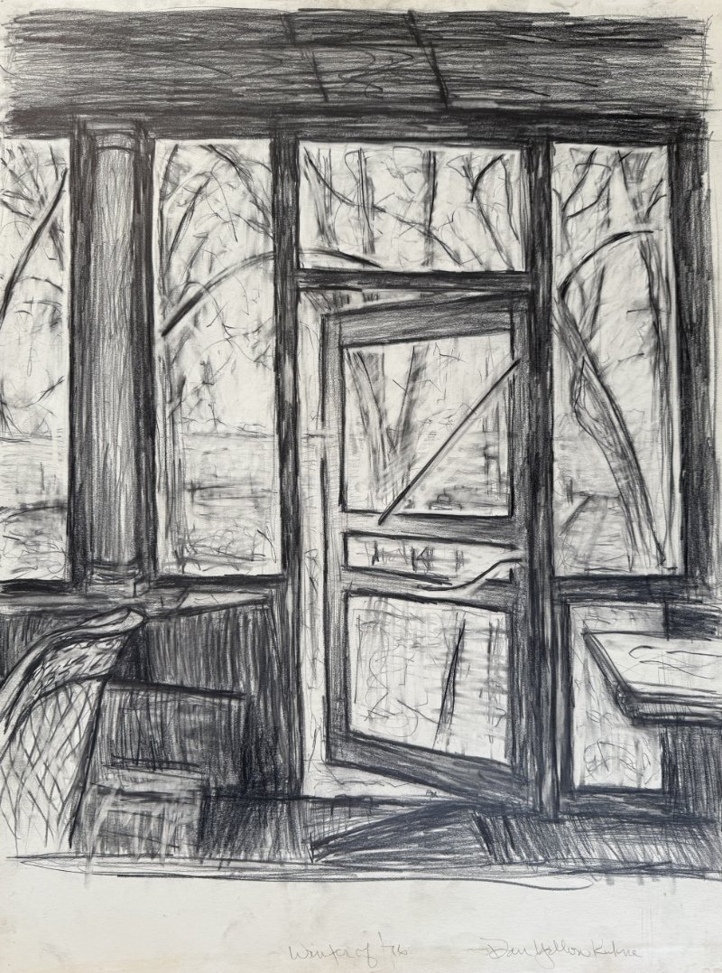 A pencil sketch of a porch with a screen door, sitting area, and large windows showing trees outside.