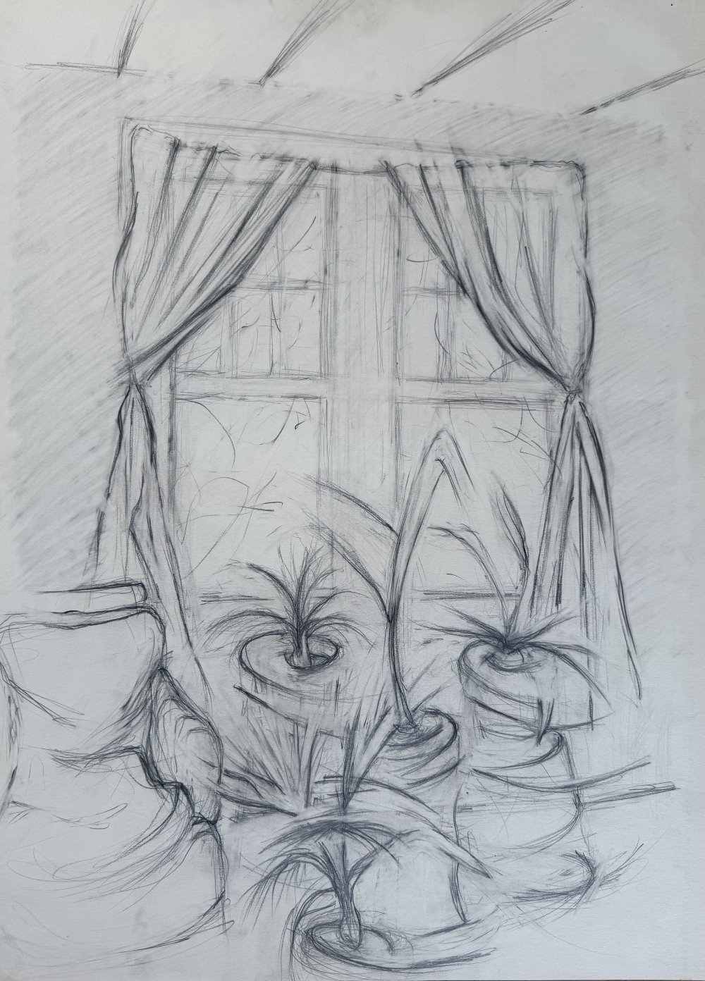 A sketch of a window with curtains, a potted plant on a table, and a view of outdoor trees.