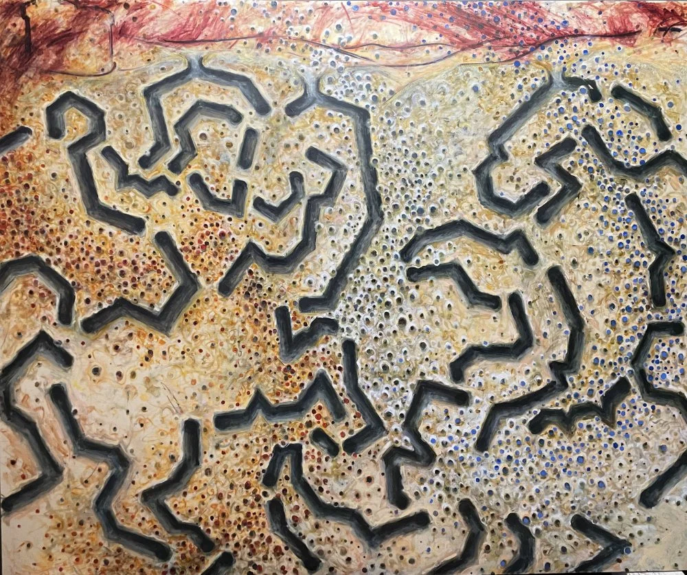 Abstract painting with black zigzag lines and multicolored dots on a textured beige background.