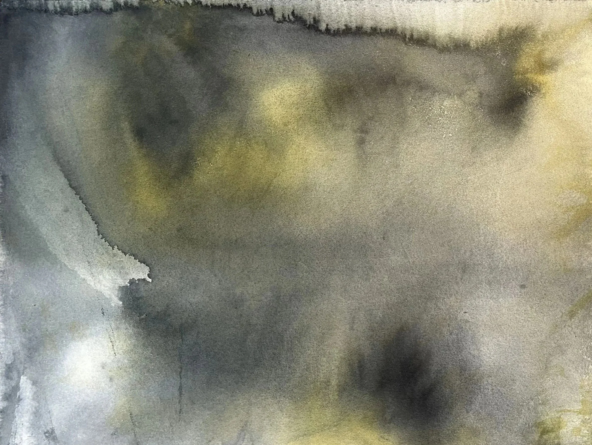 Abstract watercolor painting with shades of gray, black, and yellow, blending softly with some textures and color transitions.