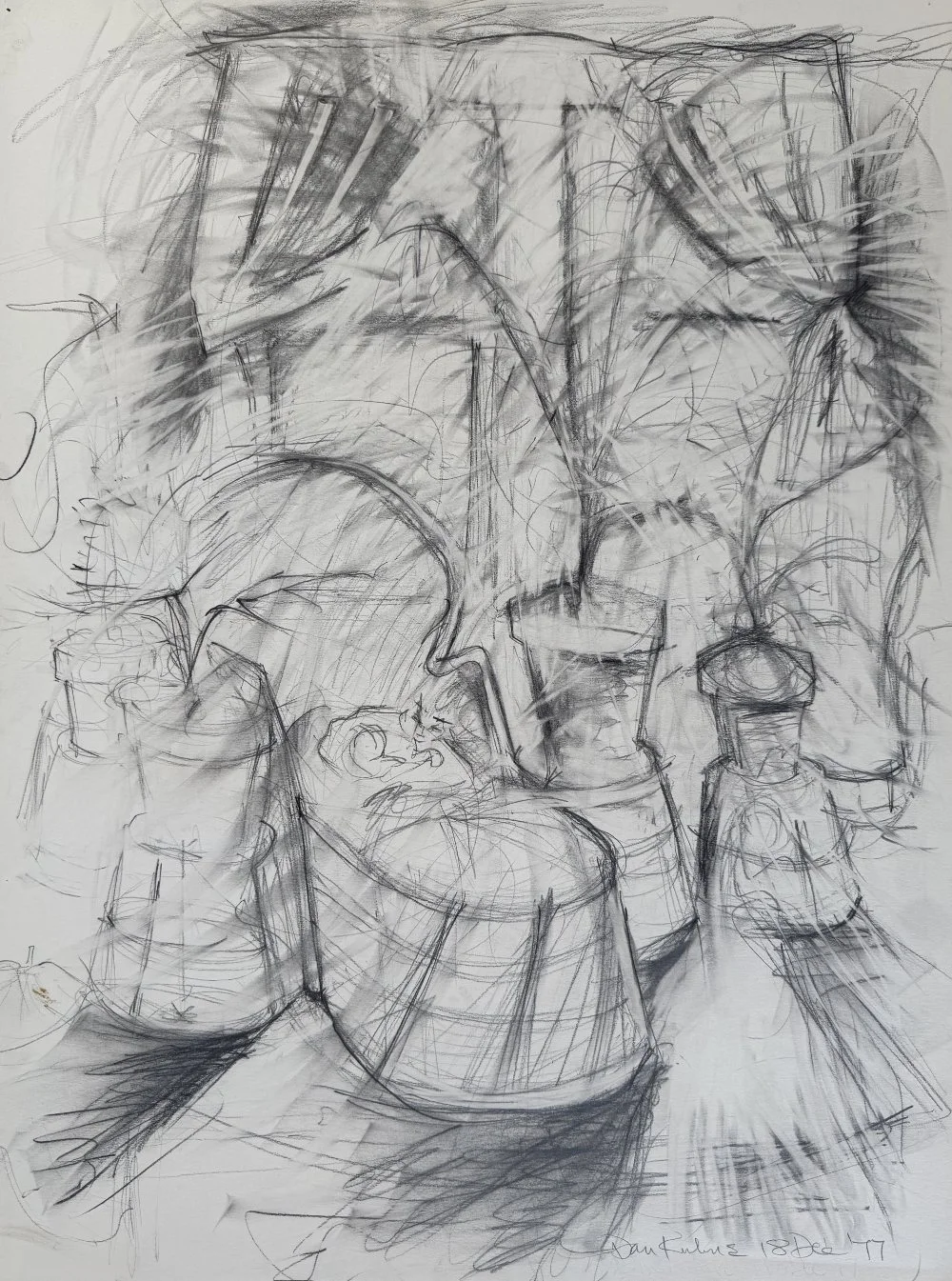 Sketch of a still life scene with fruits, bottles, and a small figurine in a loose, abstract style.