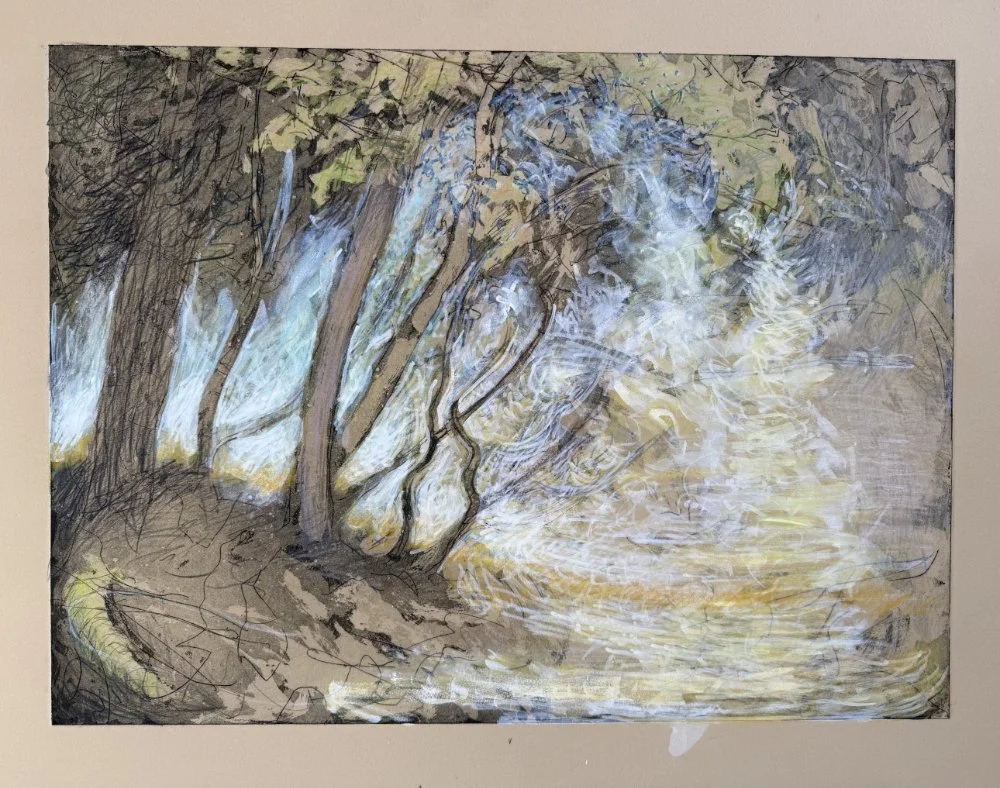 A painting or drawing of a wooded area with a creek or river flowing through it, showing trees leaning over the water with reflections and a mix of light and shadow.