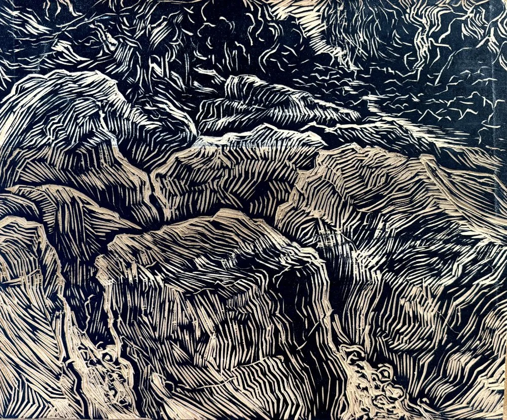 Line art drawing of jagged mountain peaks and valleys, resembling a stylized landscape.