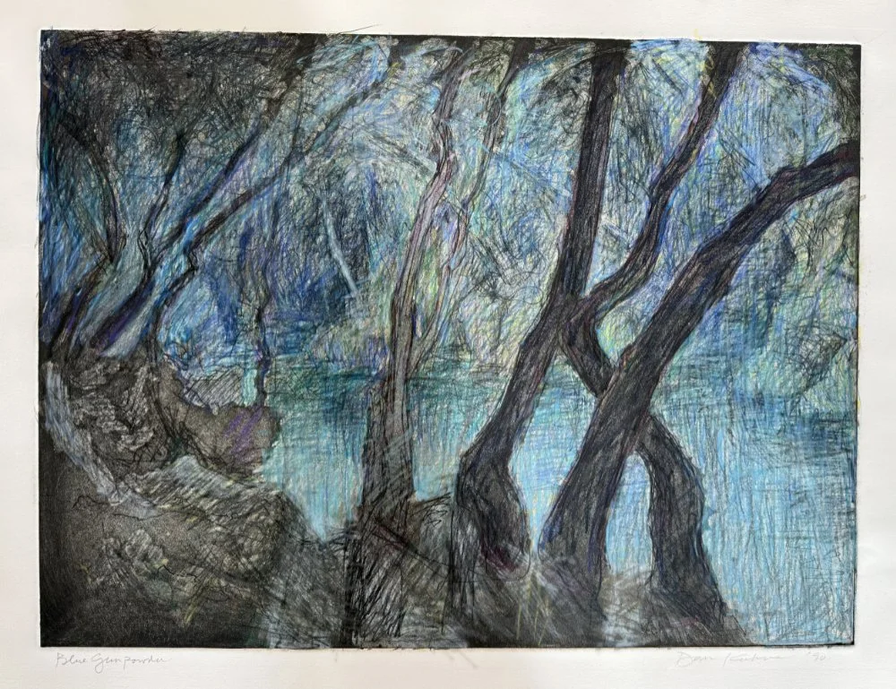 Colorful drawing of a wooded creek scene with trees, water, and rocks.