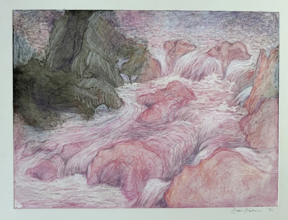 A watercolor sketch of a rocky river with water flowing over and around the rocks, with a combination of pink, brown, and green hues.