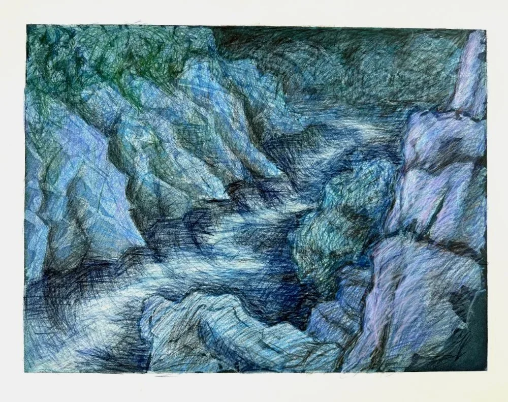 Colorful sketch of a river flowing through a rocky canyon surrounded by trees and greenery.