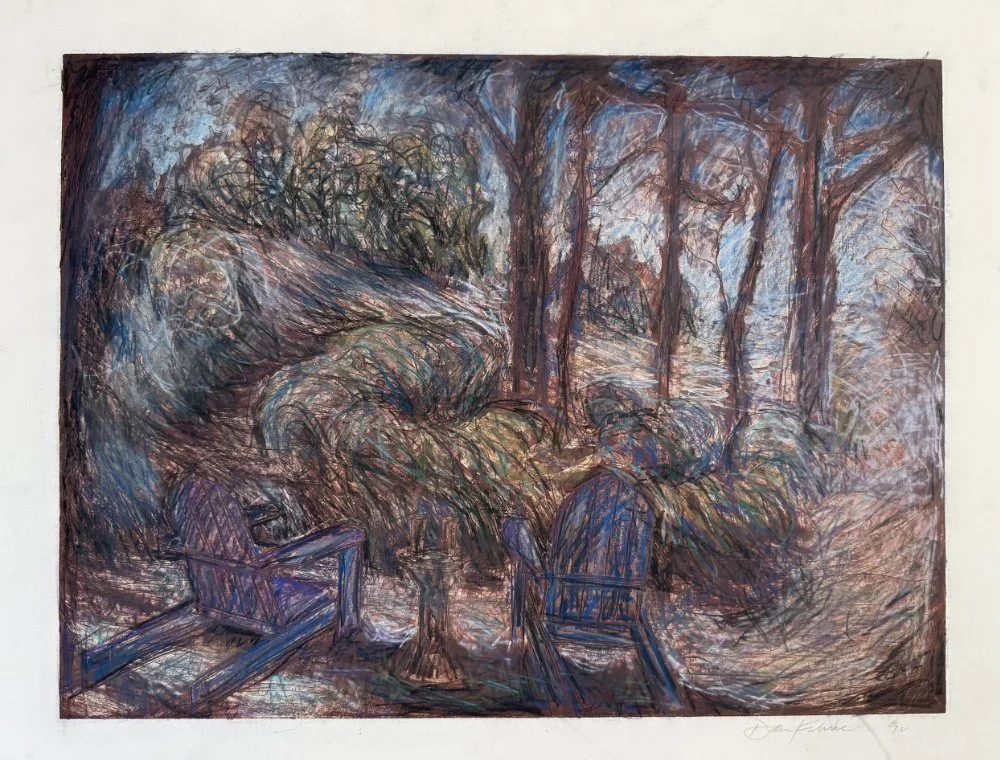 An abstract landscape painting of a forest scene with a pathway and benches, featuring sketchy brushstrokes and muted earth tones.