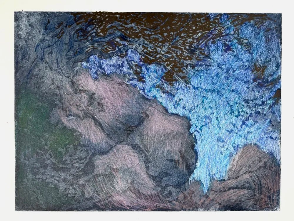 A painting of two people about to kiss, with one person having long hair and a pink top, and the other with short hair in a darker top, against a predominantly blue and brown background.