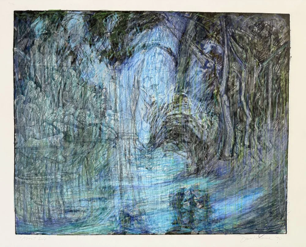 An abstract painting of a forest scene with trees, a stream, and a bridge in shades of blue, green, and black.
