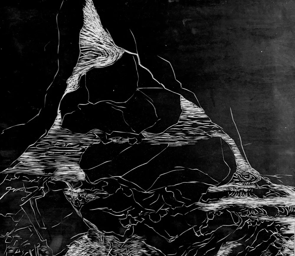 Outline of a person with a dog, both lying on a wooden deck near water, in black and white.