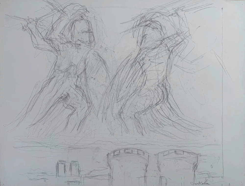 Sketch of two nude women sitting with one arm behind their heads, and a landscape of cooling towers from a power plant in the background.