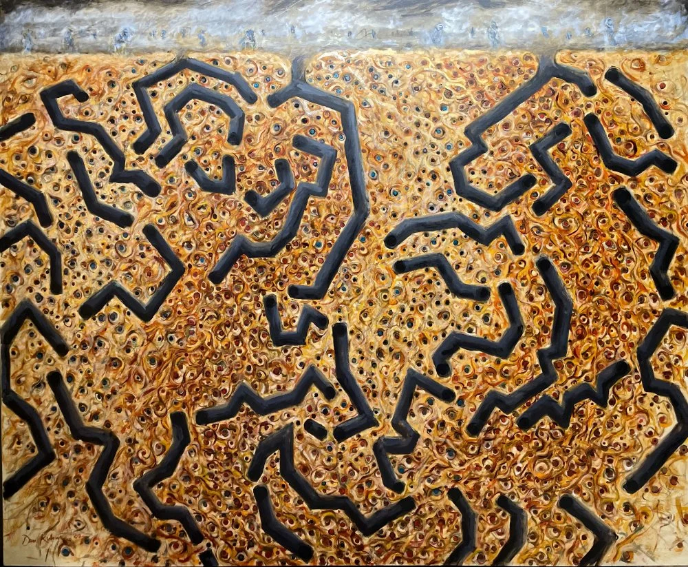 An abstract painting featuring a pattern of numerous eye-like shapes in warm tones with black zigzag lines overlaying the pattern.