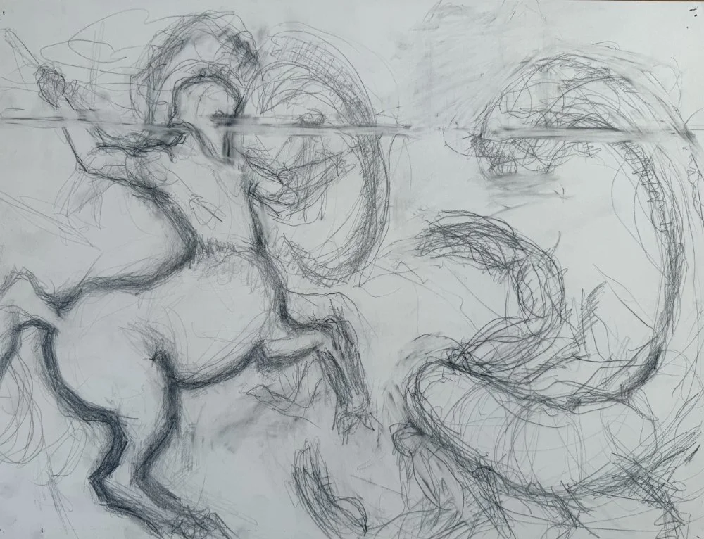 A rough pencil sketch of a mythological scene with a figure on a horse fighting a large serpent-like creature.