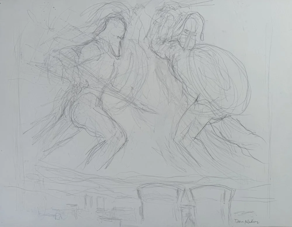 A sketch of two figures holding shields and swords, possibly engaged in combat, with detailed lines indicating movement and action.