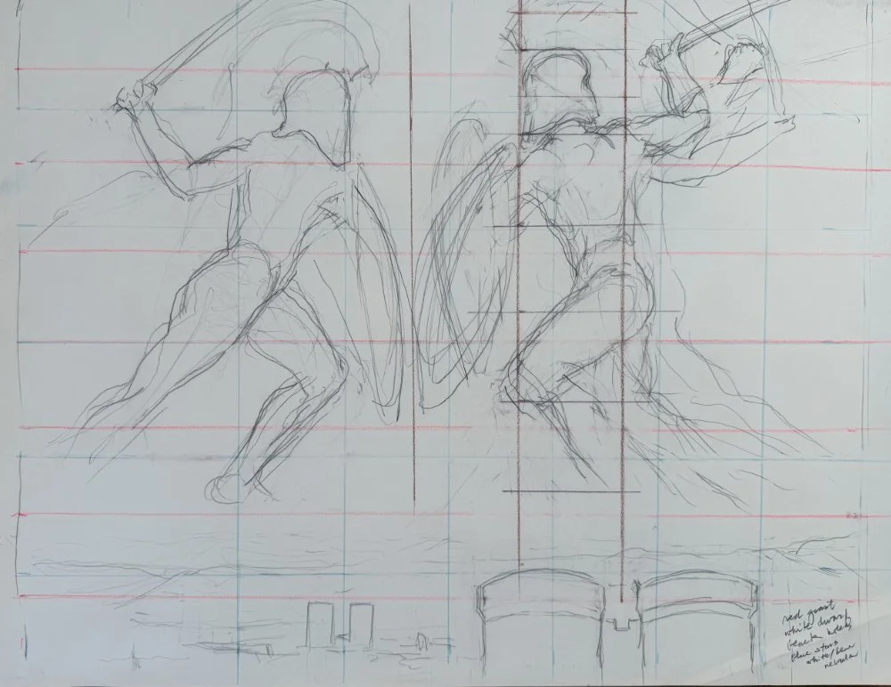 Sketch of soldiers fighting on horseback, with a cityscape in the background and grid lines for proportions.