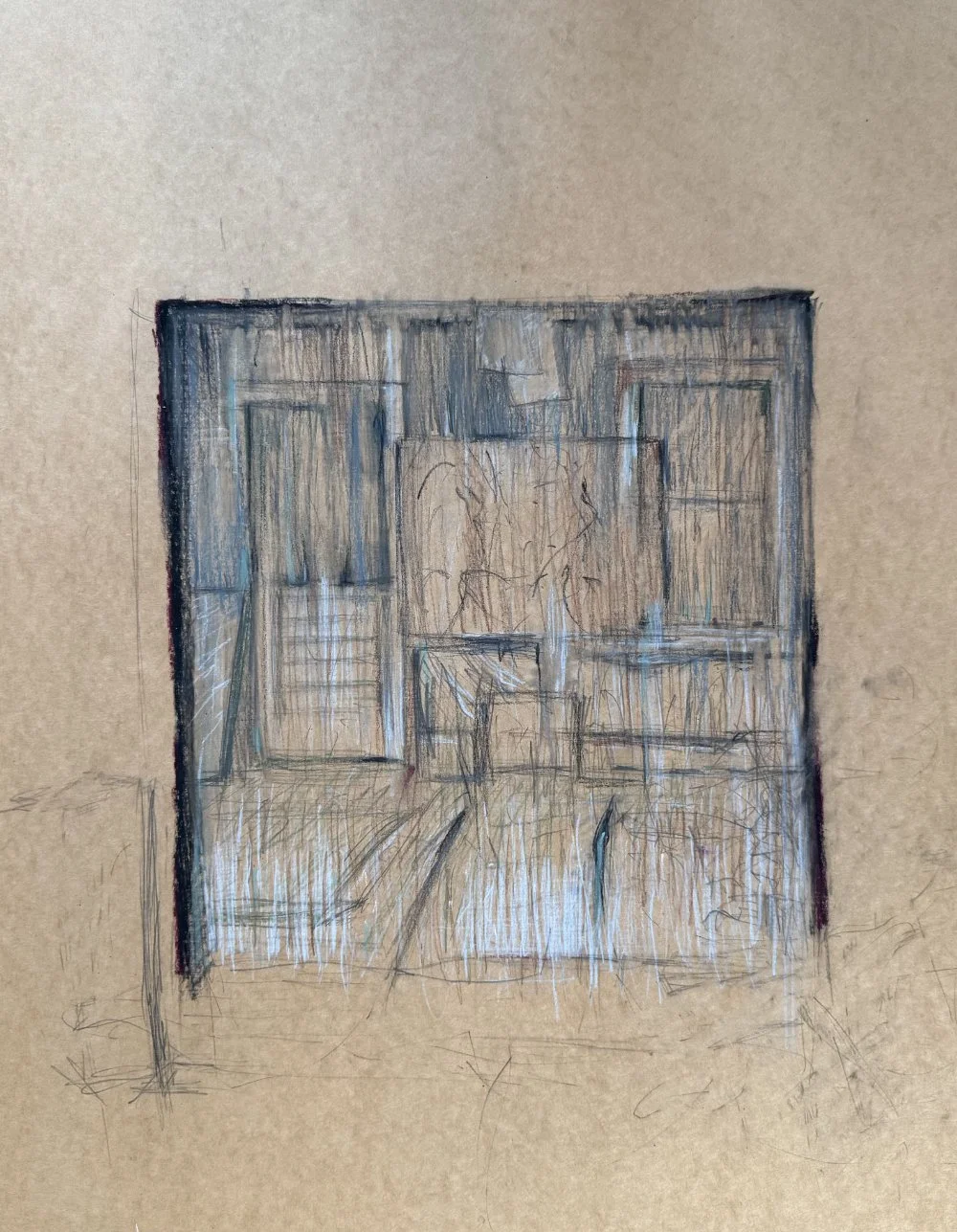 A sketch of a room with wooden furniture, blue and brown tones, and a window or door in the background.