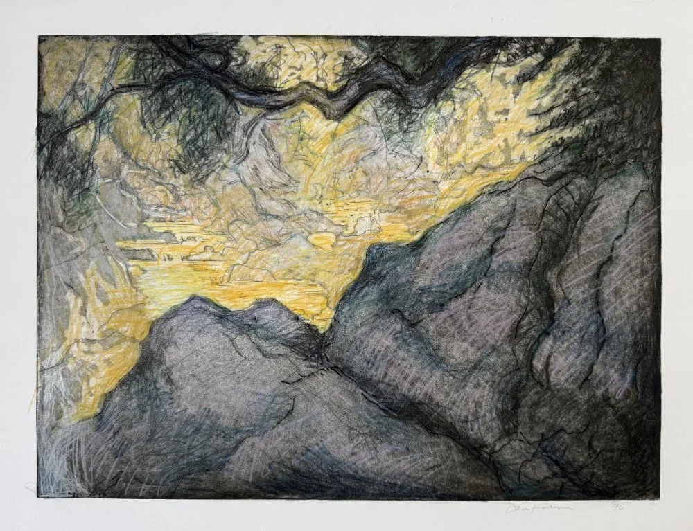 A landscape painting of a sunset or sunrise over a rocky terrain with dark rocks in the foreground, and a sky filled with yellow and orange hues, with some trees and clouds.