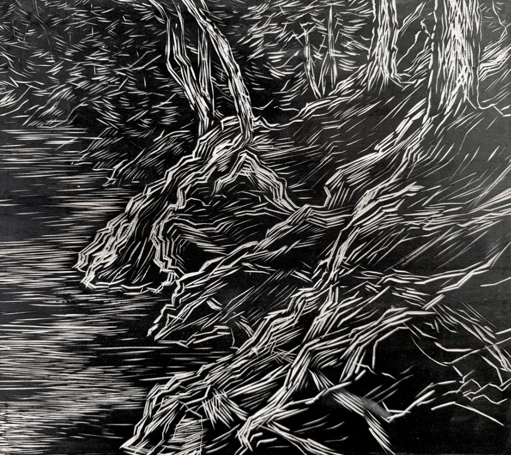 Black and white abstract artwork of a tree with intricate, sharp lines and a textured background.