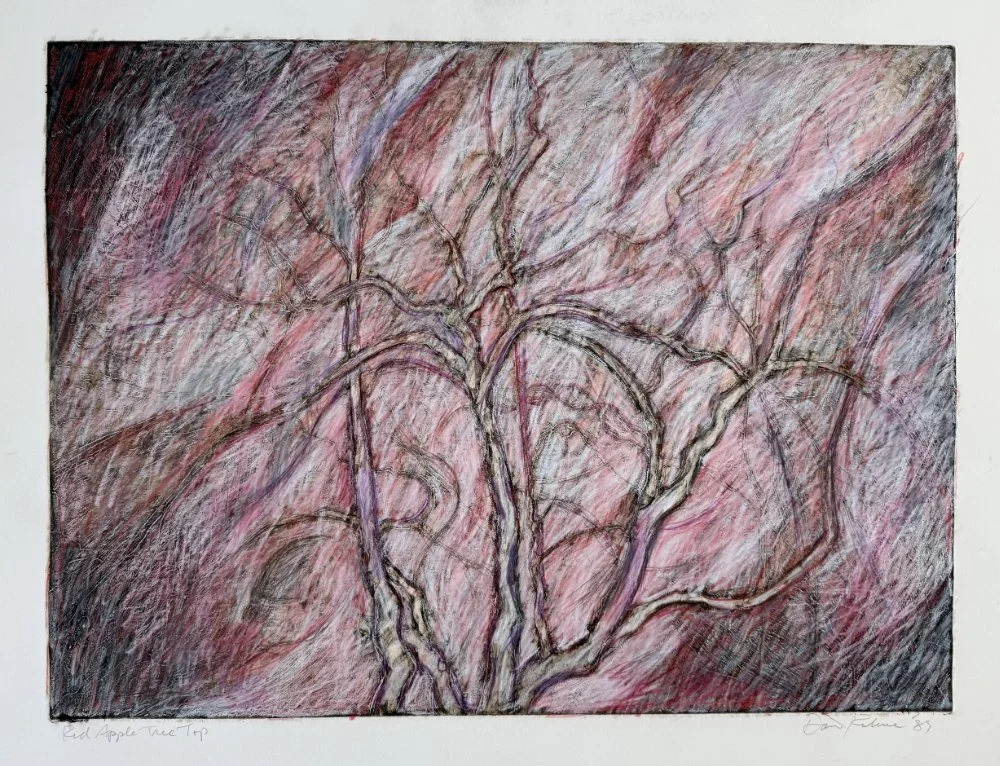 A realistic drawing of a leafless tree with twisted branches in shades of pink, purple, and black.