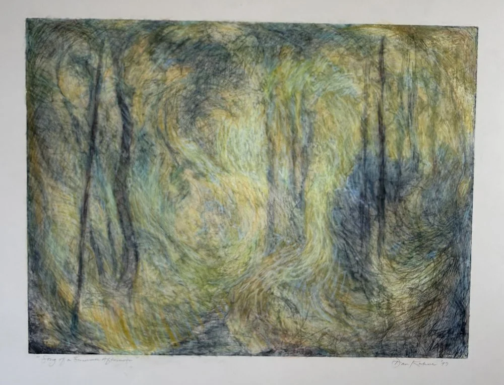 An abstract painting of a forest scene with swirling trees and a winding path in shades of green, yellow, and blue.